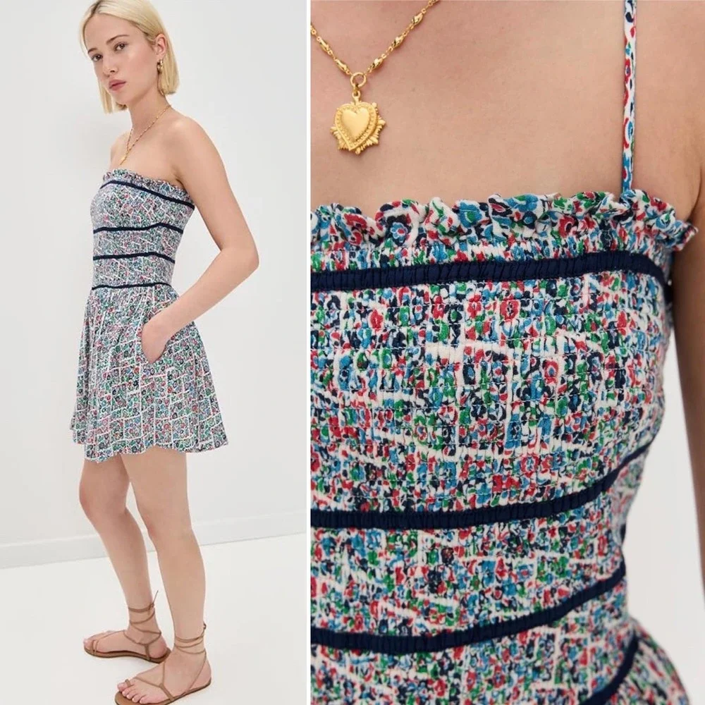 Free People NWT Bali Checked Out Gardenia Floral Romper LARGE‎ Smocked Pockets